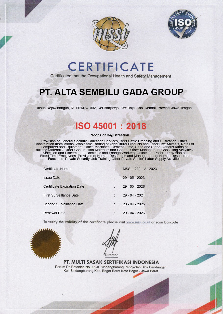 PT. ALTA SEMBILU GADA GROUP ISO 45001 – mssi certification